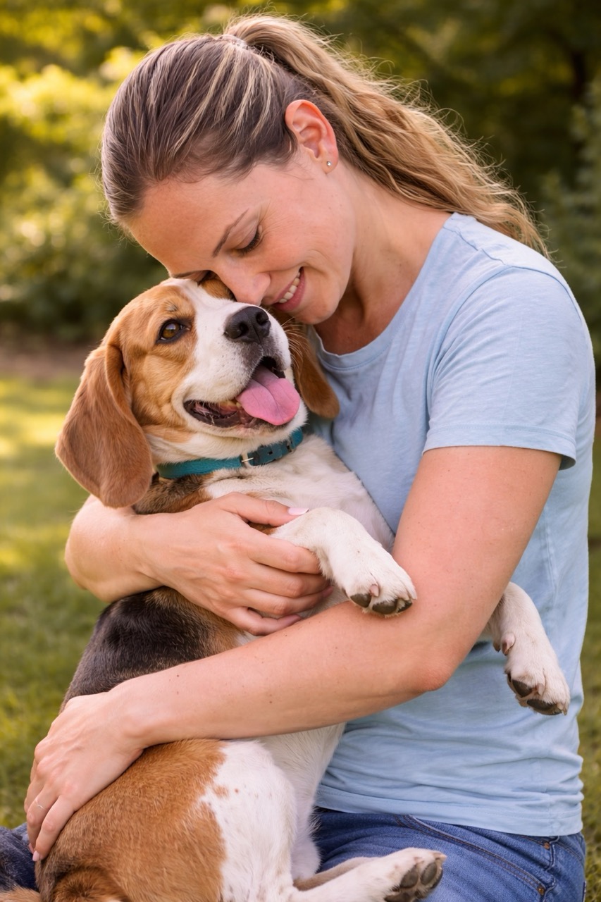 Clara holding Oliver close outdoors in warm evening light